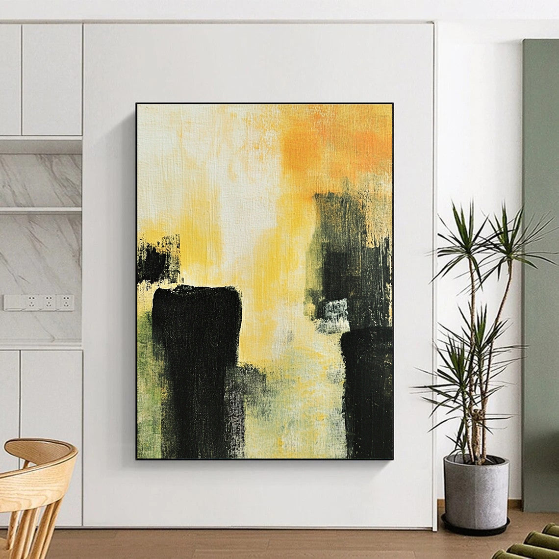 Yellow and Black Abstract Painting with Bold Forms GER433