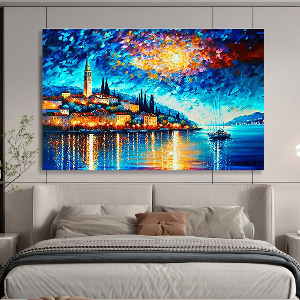 Moonlit Harbor Abstract Painting with Deep Blues and Warm Glows THY300
