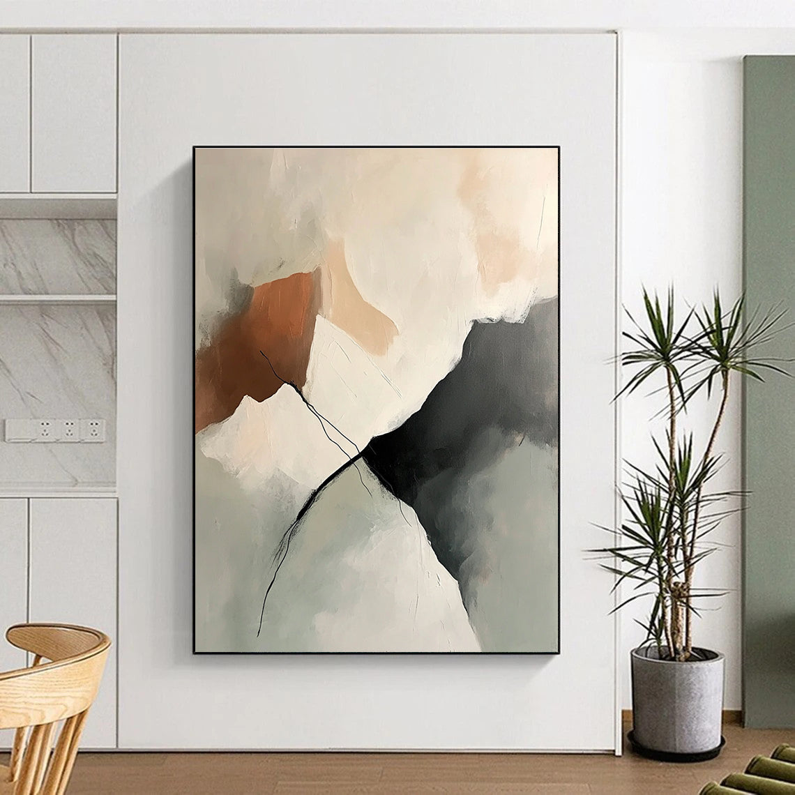 Large abstract painting featuring soft neutral tones and textured brush strokes with an isolated mountain range in shades of beige gray and peach.STSC800
