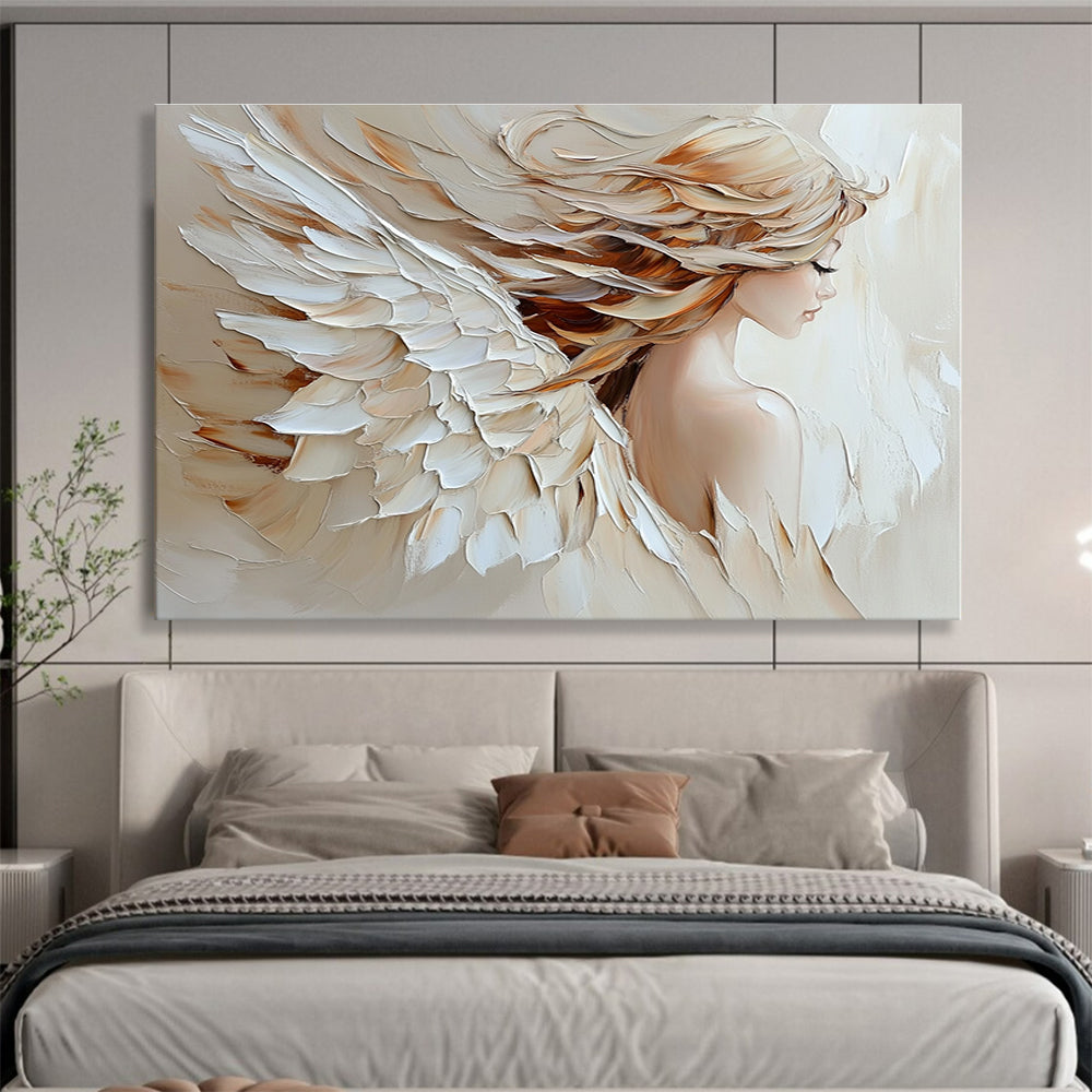 Large abstract oil painting of an angel with palette knife texture in beige and white colors featuring flowing hair on canvas.SC105