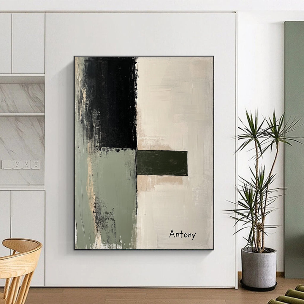 Large abstract painting featuring a light gray sage green and black palette with minimalist landscape shapes and the inscription Antony.STSC730