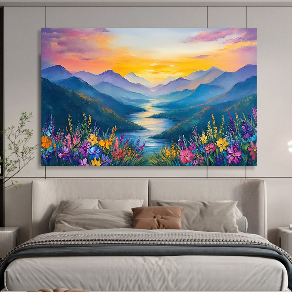 Sunset Mountain Valley Abstract Painting with Dramatic, Colorful Hues THY414
