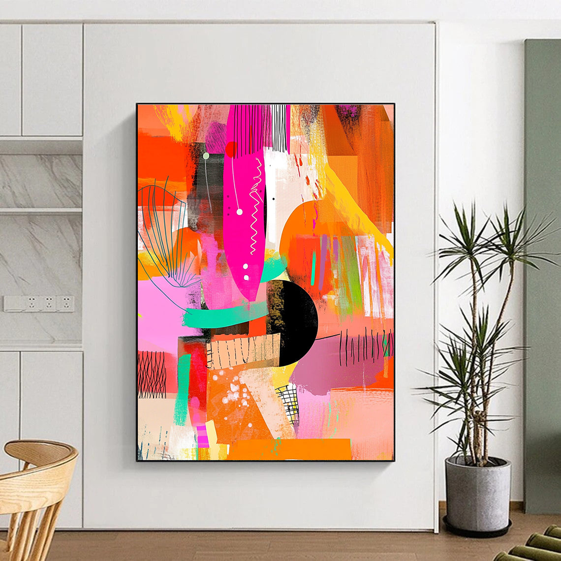 A large abstract painting featuring vibrant pink orange yellow green and black hues with dynamic shapes textures and patterns for modern decor.STSC1222