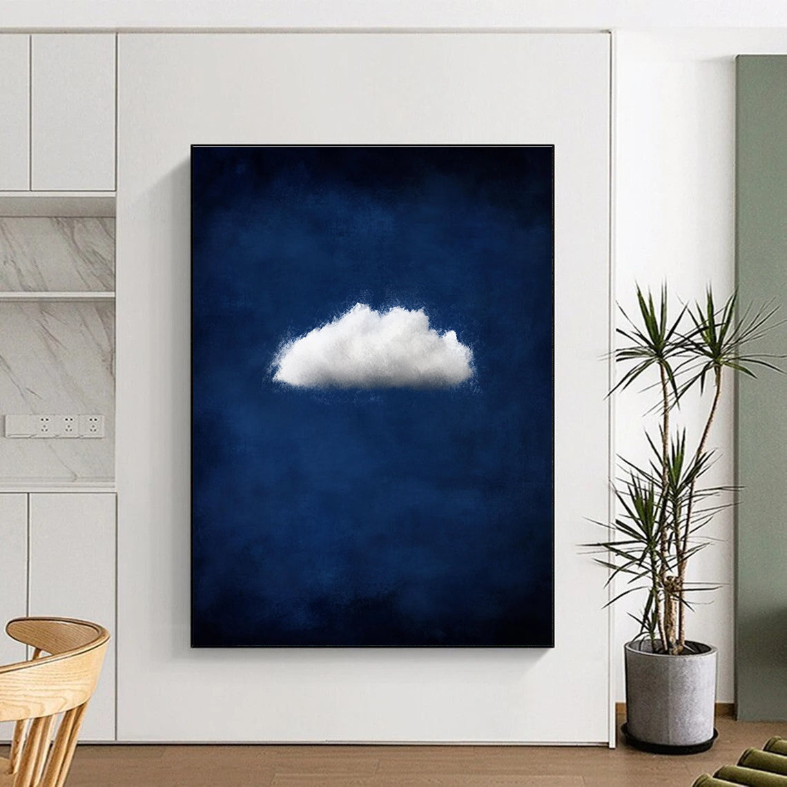 Large abstract artwork featuring a small white cloud on a dark blue backdrop creating a moody and atmospheric minimalist design.STSC1404