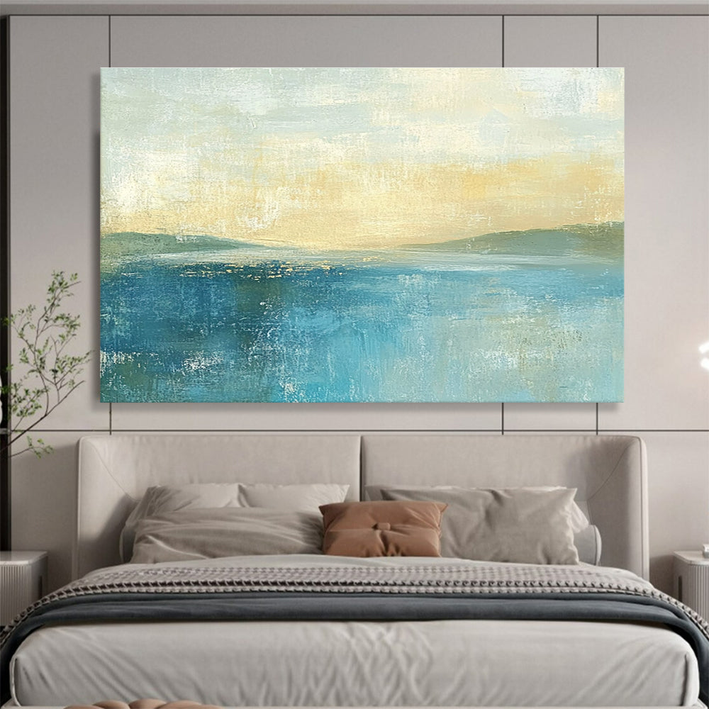 Abstract painting featuring soft colors in muted blues and greens with a pale yellow sky gentle horizon and serene sea.SC085