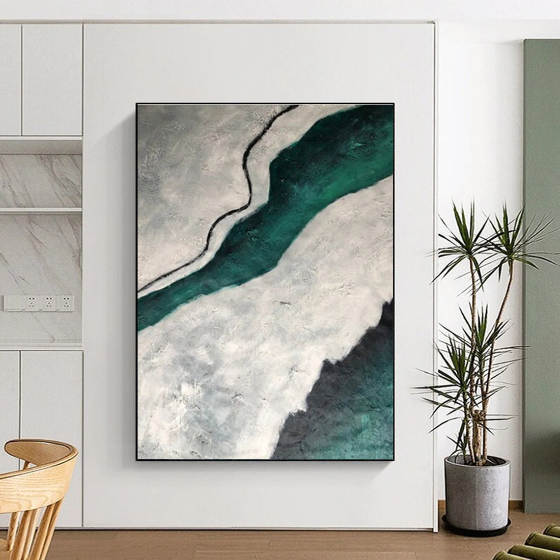 Teal and Gray Textured Abstract Painting with Flowing Forms ADGE403