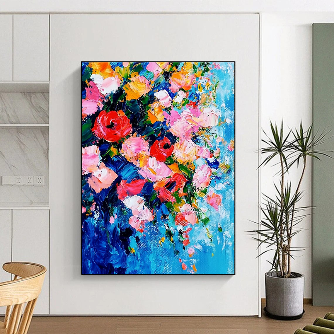 Large abstract painting featuring vibrant flowers in pink and red against a delicate blue and pink background showcasing intricate details and dynamic composition.STSC1026