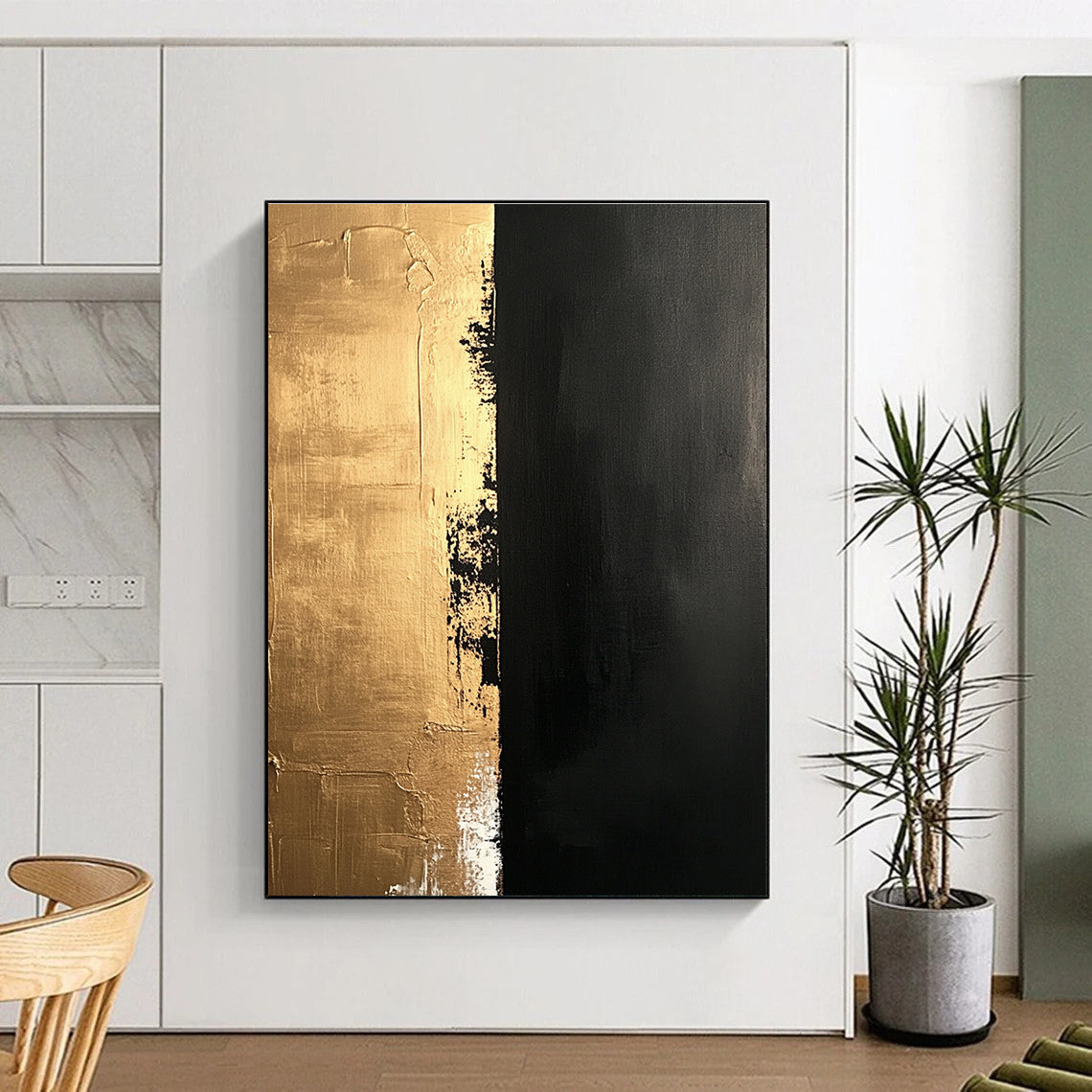 Gold and Black Textured Divide Abstract Painting with Contrasting Hues GER019