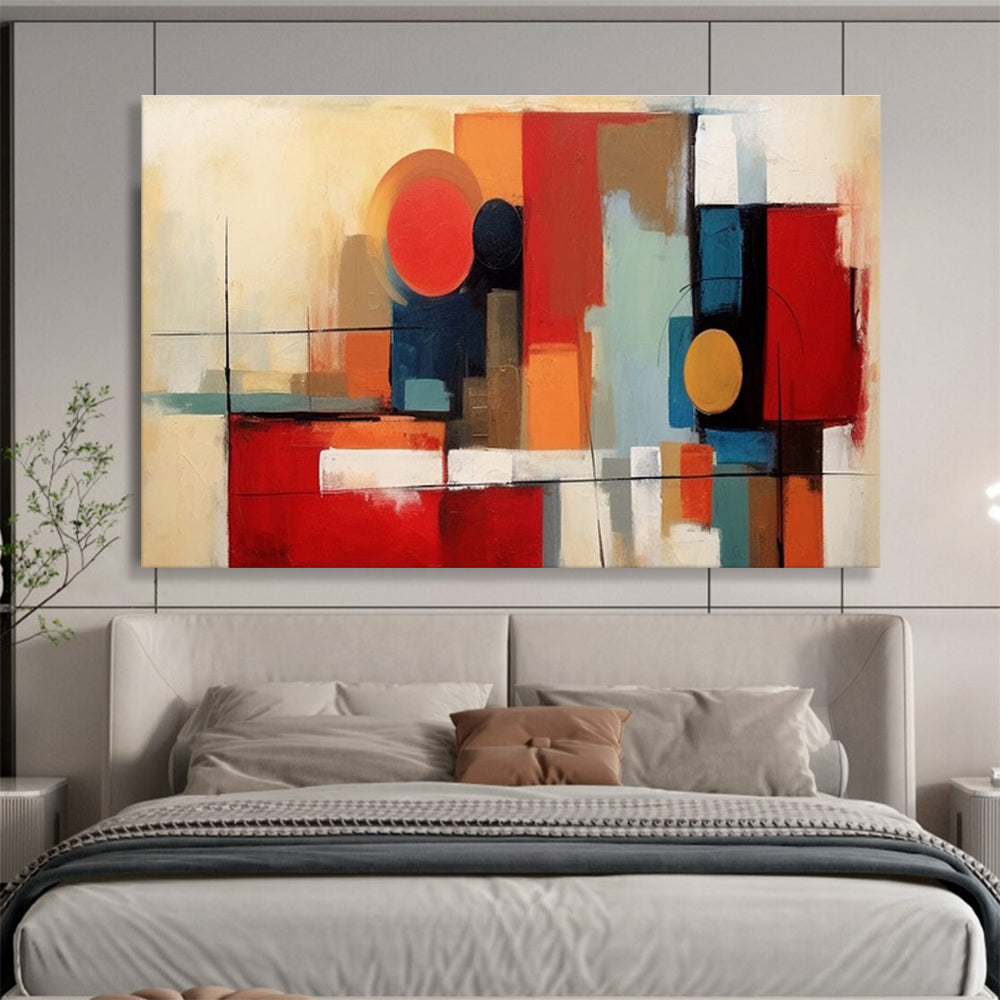 Geometric Abstract Painting with Red, Orange, and Blue Tones THY219