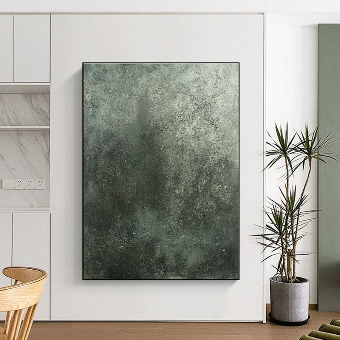 A large abstract painting featuring dark gray concrete texture with subtle greenish tones inspired by Beksiński and Frazetta's styles.STSC1290