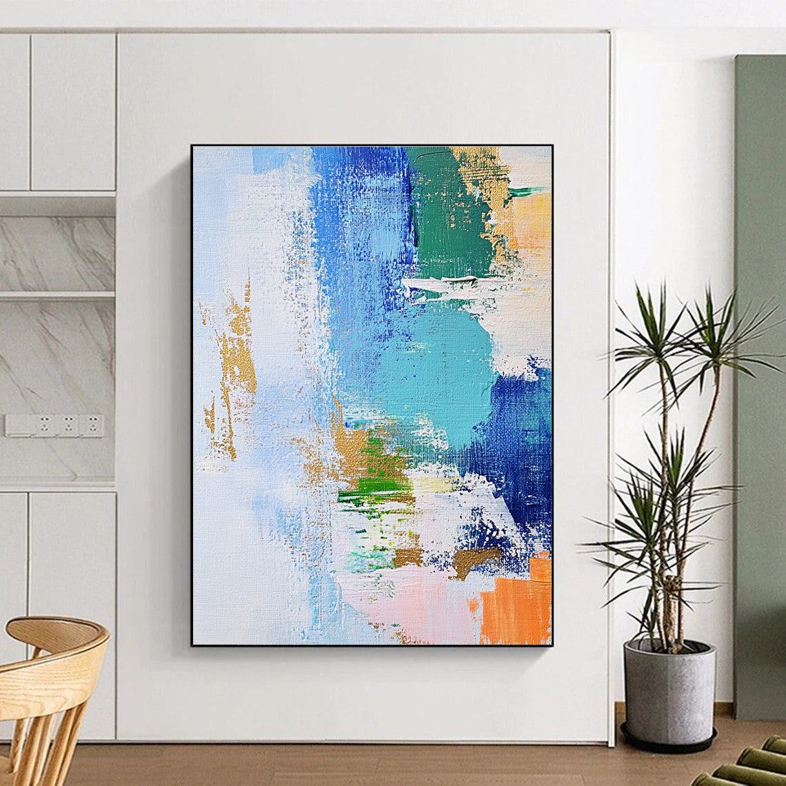 Blue Green and Gold Abstract Painting with Dynamic Brushstrokes GER616