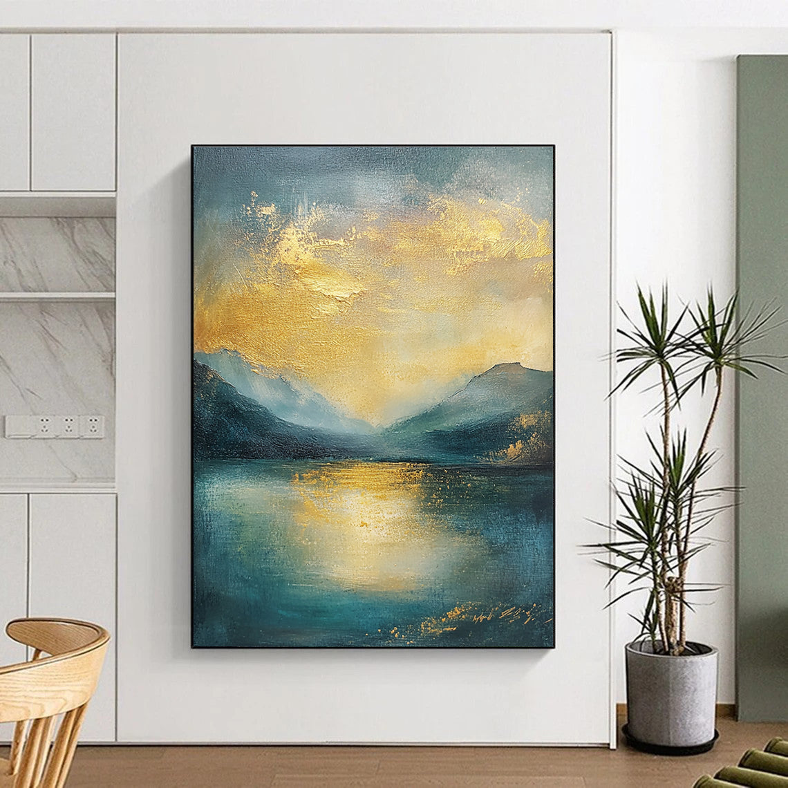 Abstract landscape oil painting featuring gold and teal hues with textured clouds sea and mountains in muted colors.STSC081
