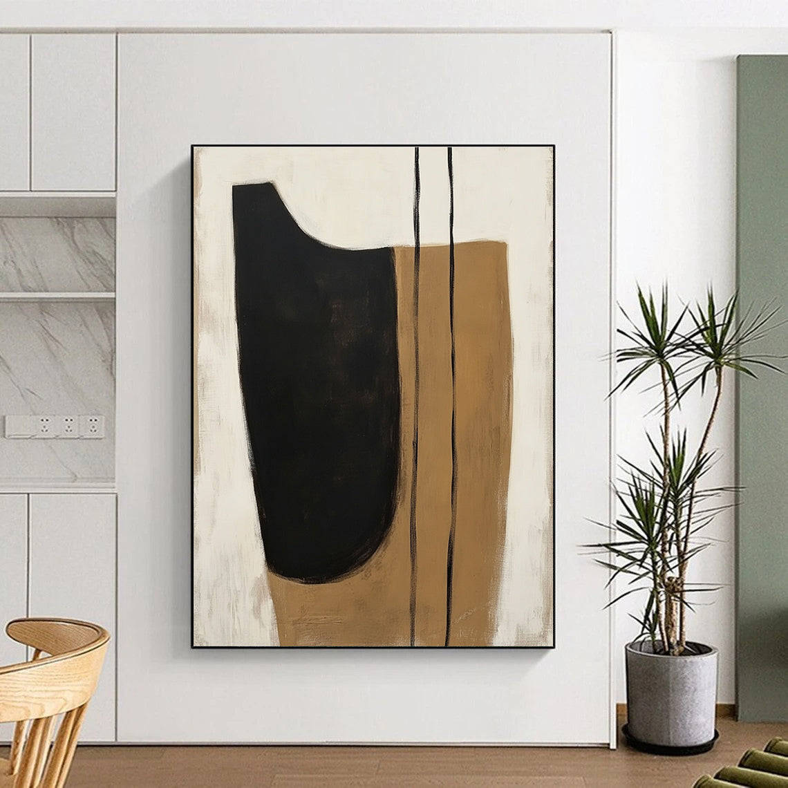 Black and Beige Minimalist Abstract Painting with Flowing Shapes GER225