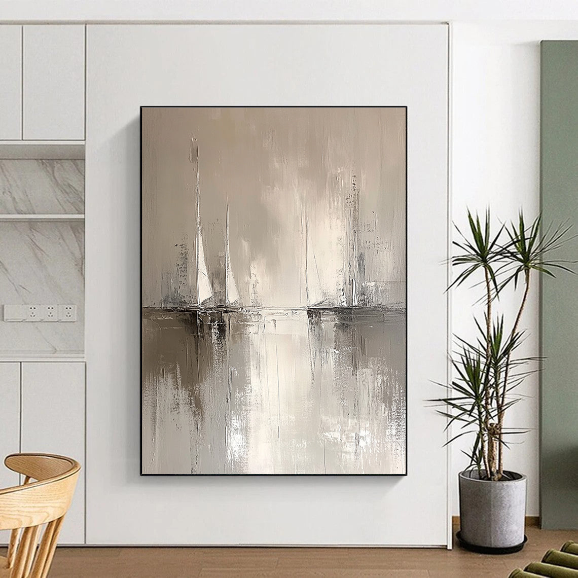 Large abstract painting in minimalist style features sailboats on the horizon with soft water reflections in neutral tones of white and grey.STSC231