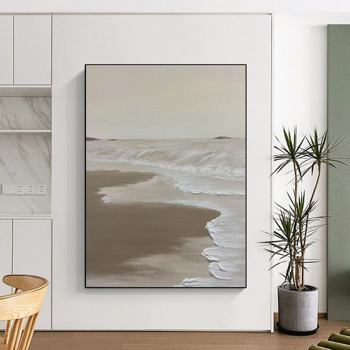 Beige and White Seaside Abstract Painting with Textured Waves ADGE521