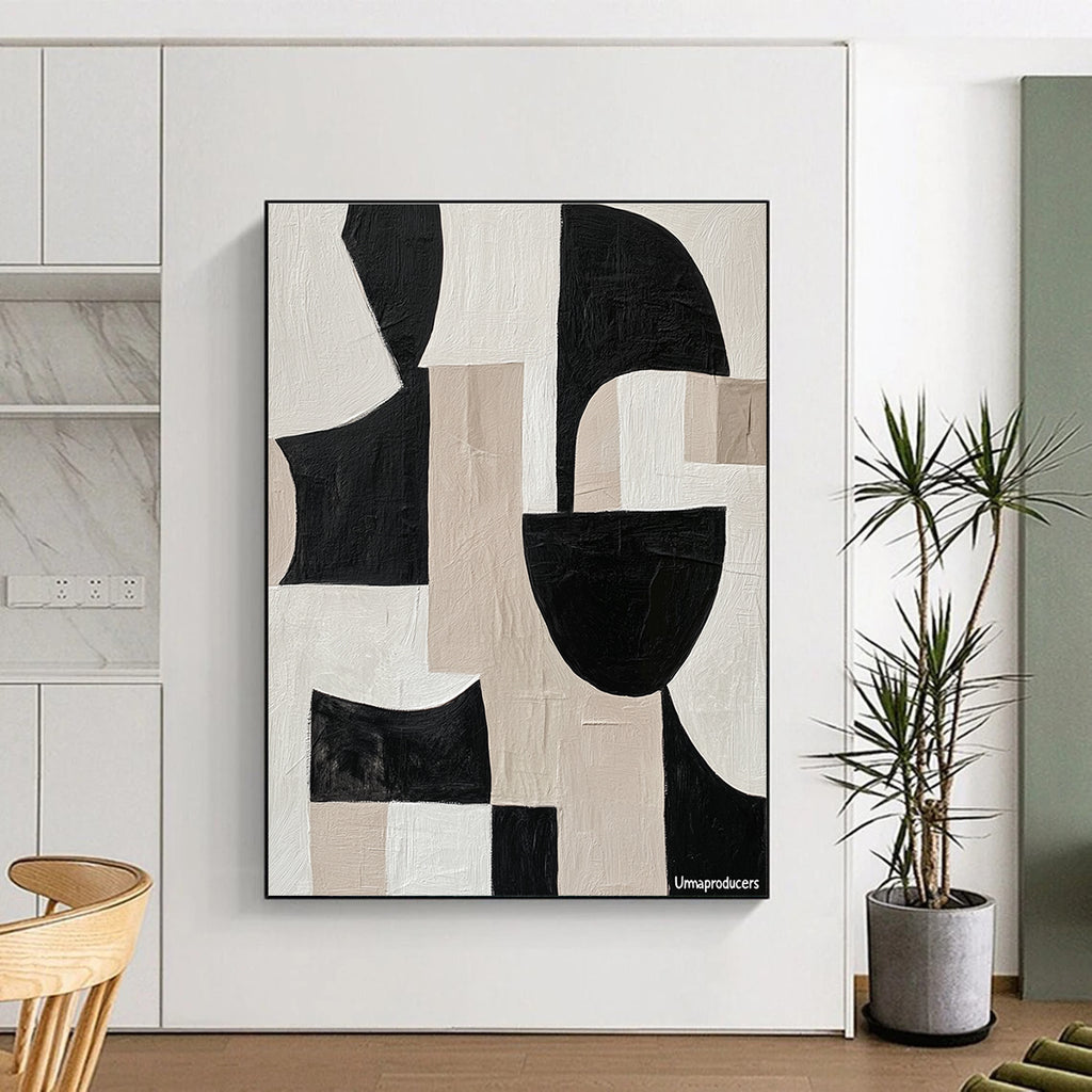Large abstract painting with overlapping fluid shapes in black and white featuring the word Umaproducers crafted in tape showcasing depth and movement.STSC483
