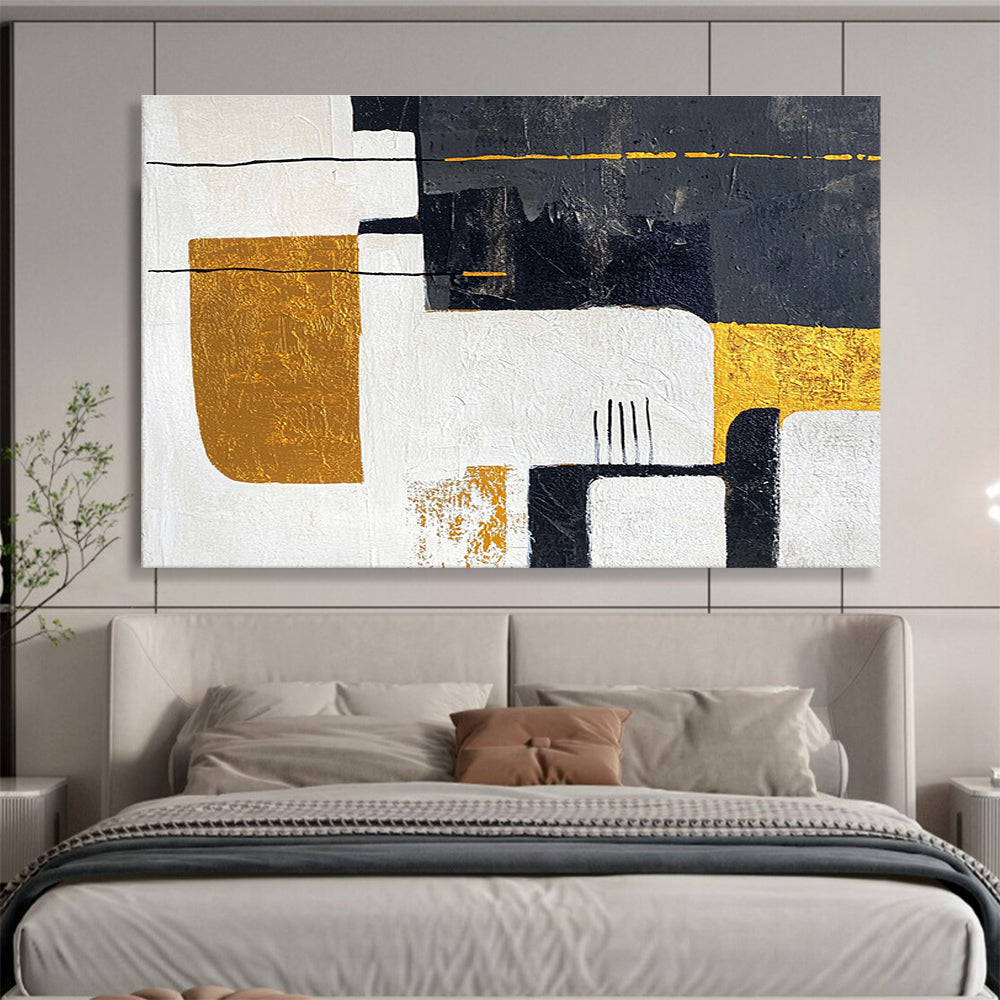 Black White Gold Abstract Painting with Geometric Elegance DYP425