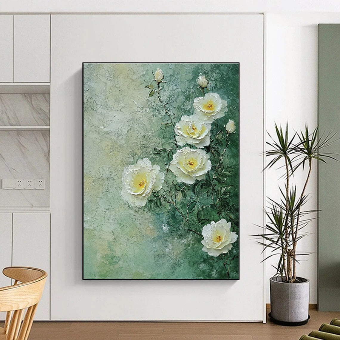 A large abstract painting featuring white roses on a light green background with soft tones and delicate brush strokes inspired by nature.STSC1490