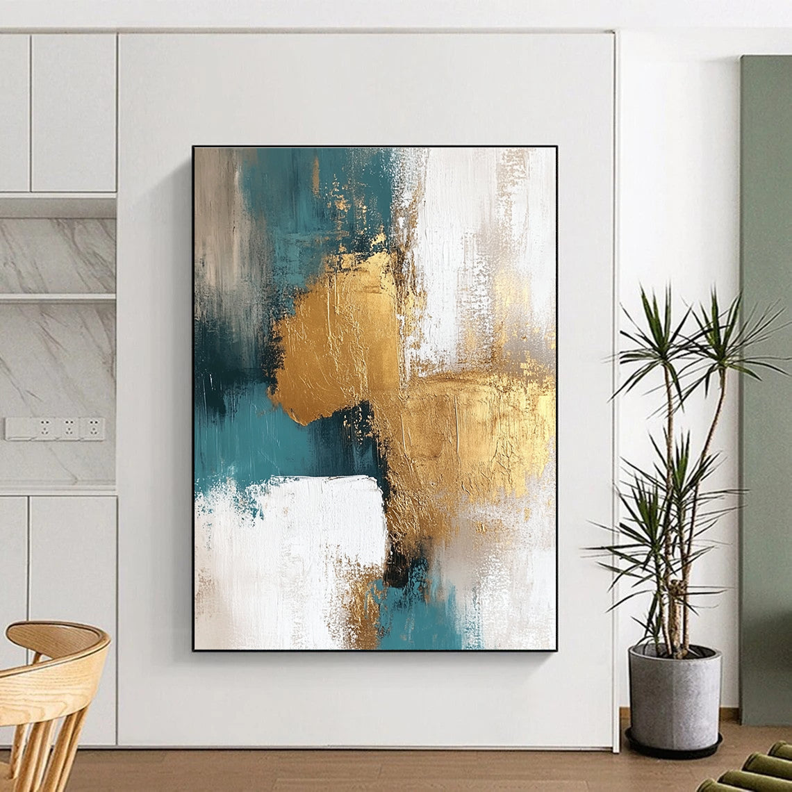 Teal Gold and White Abstract Painting with Artistic Textures GER677