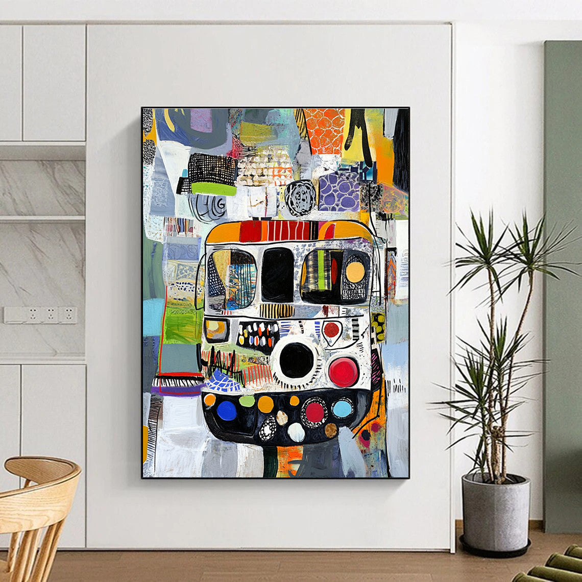 Abstract painting with diverse patterns features a bus in a textured collage of black white grey green blue red and orange yellow materials.STSC820