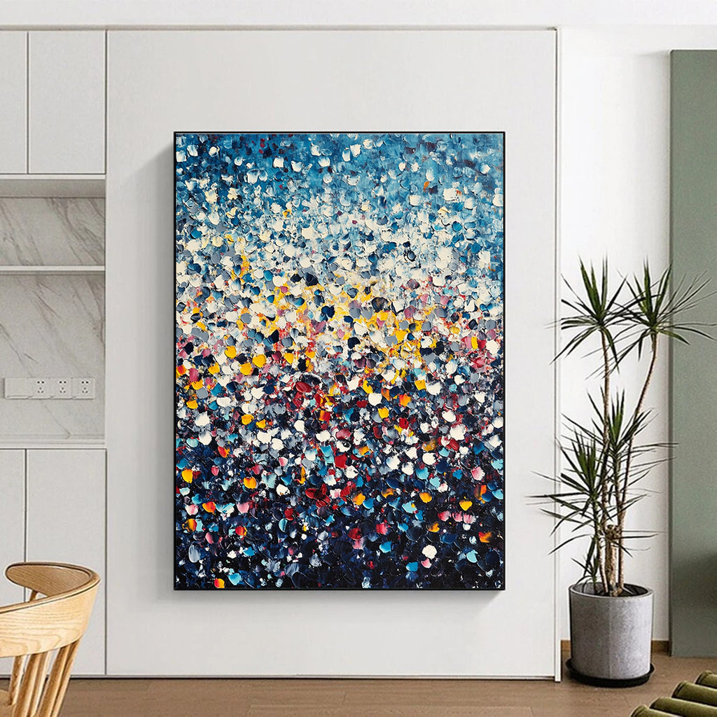 Large abstract painting featuring thousands of tiny flowers in blue yellow and red against a dark gradient background in Whistler's impressionistic style.STSC1140