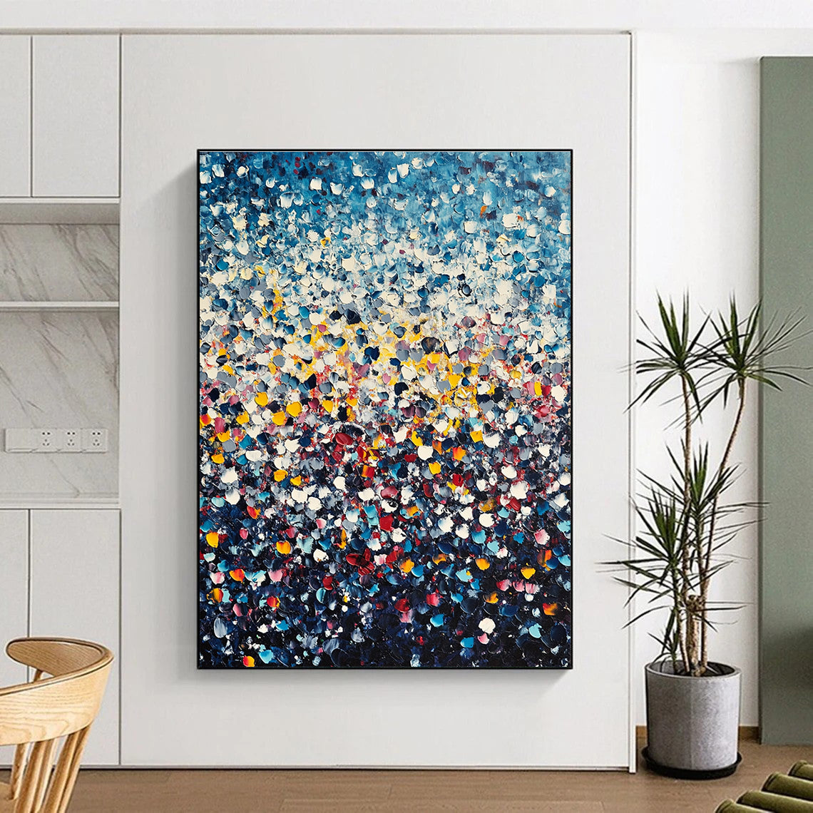 Large abstract painting featuring thousands of tiny flowers in blue yellow and red against a dark gradient background in Whistler's impressionistic style.STSC1140