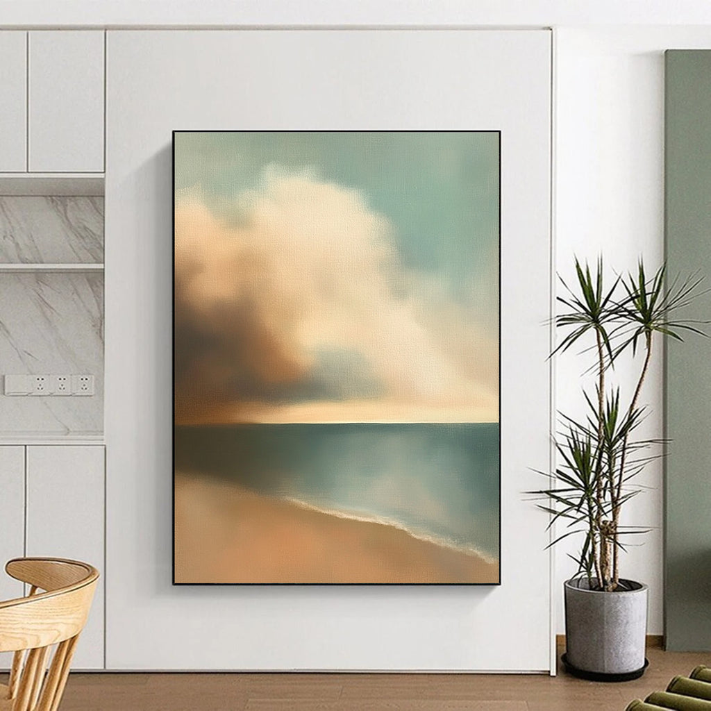 Large abstract oil painting of muted pastel colors depicting clouds and sky over the ocean inspired by Edward Hopper with earthy tones.STSC596