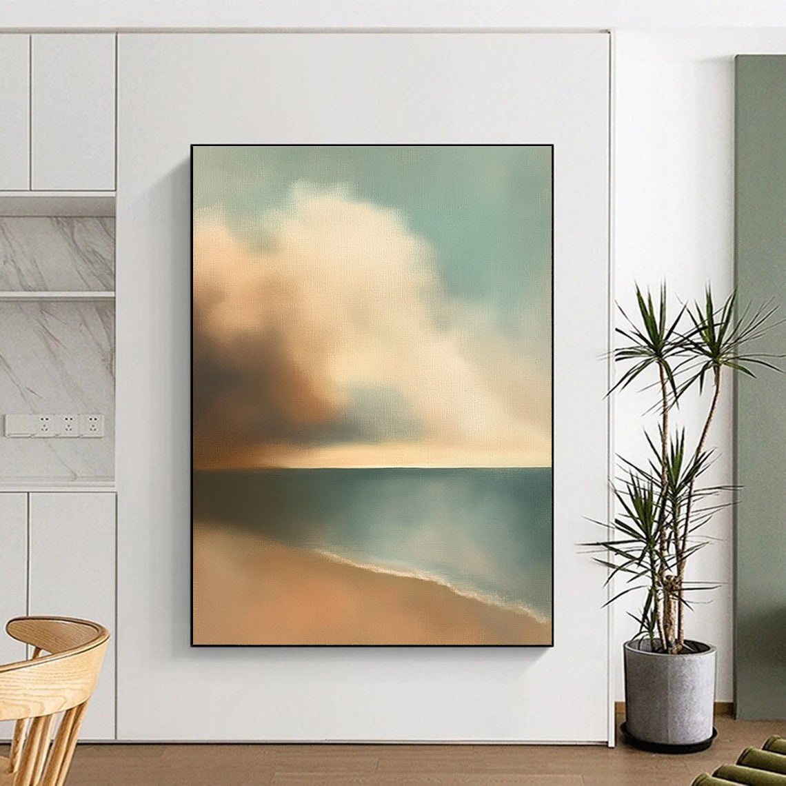 Large abstract oil painting of muted pastel colors depicting clouds and sky over the ocean inspired by Edward Hopper with earthy tones.STSC596
