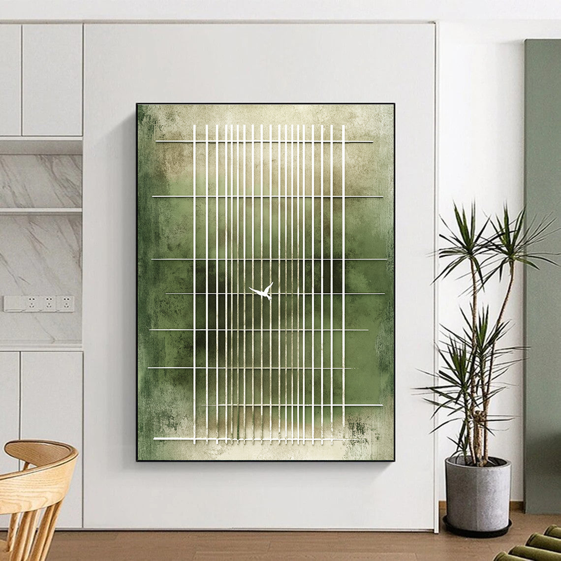 Large abstract painting featuring a green striped background with white doves symbolizing peace against soft beige tones evoking hope and contemplation.STSC1216