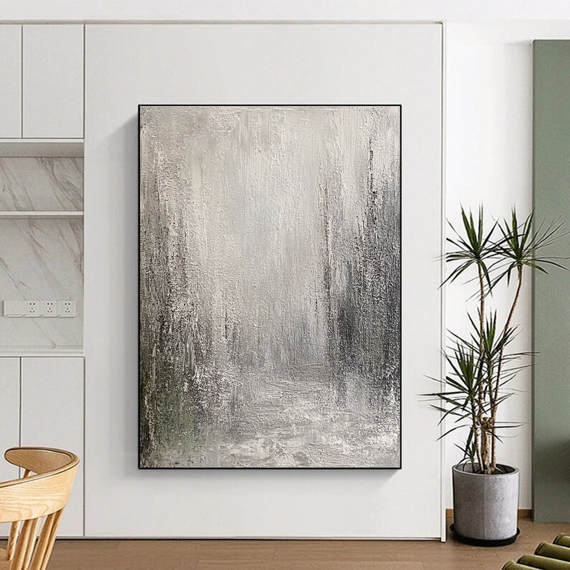 Large abstract painting featuring an atmospheric urban landscape in muted grey and white tones with heavy texture and a mysterious depth.STSC487