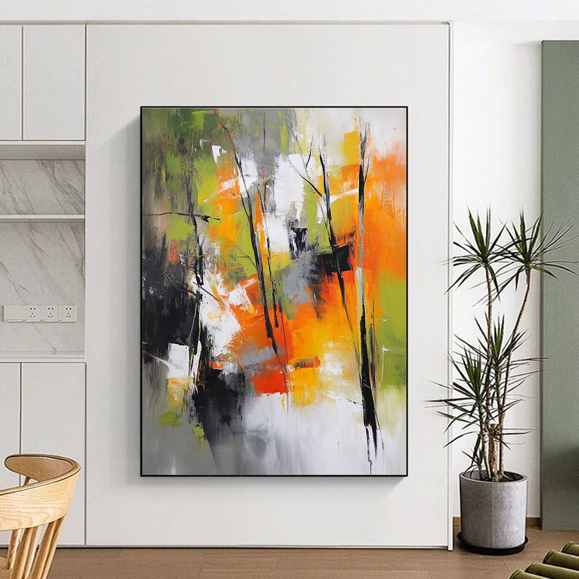 Abstract painting featuring a vibrant autumn forest with green yellow and red hues set against a backdrop of gray white and orange colors.STSC759