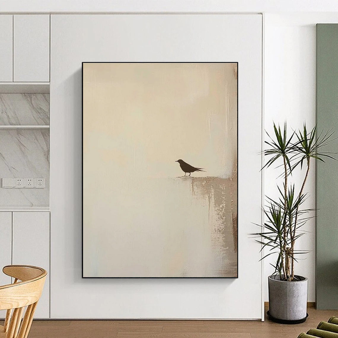 Solitary Bird Silhouette Abstract Painting with Subtle Textures ADGE483