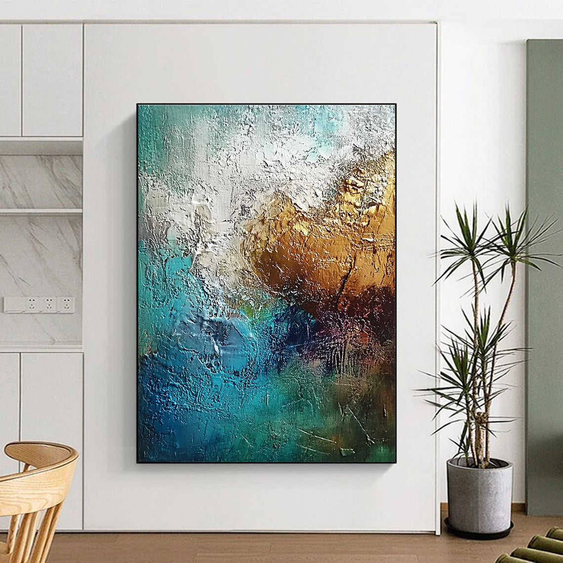 Teal Gold Abstract Painting with Thick Textures GER785