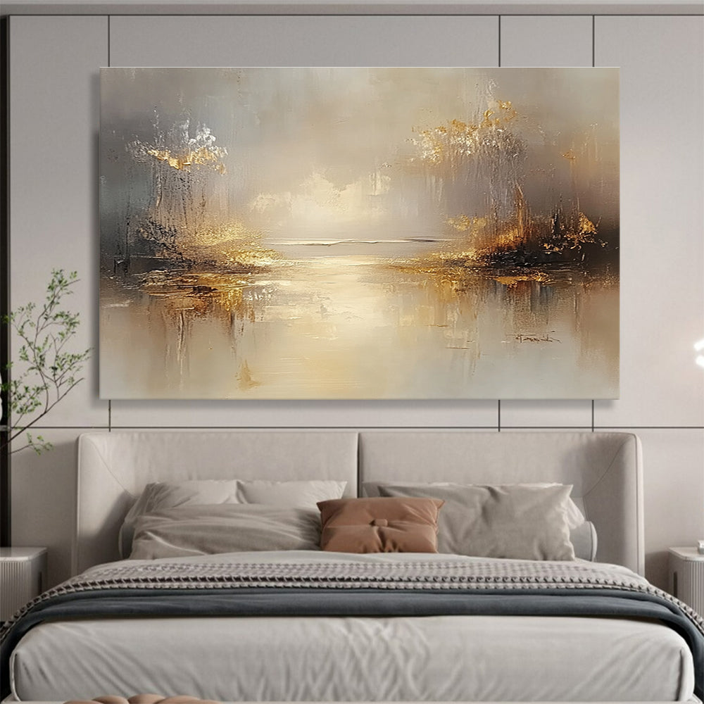Golden Misty Landscape Abstract Painting with Reflective Elements DYP270