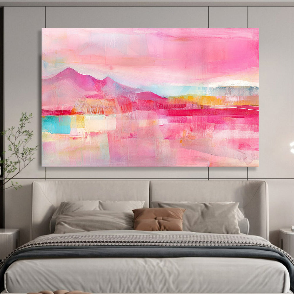 A large abstract painting featuring a pink sky with layers of soft pastel colors and textured brushstrokes, perfect for enhancing any space.SC344