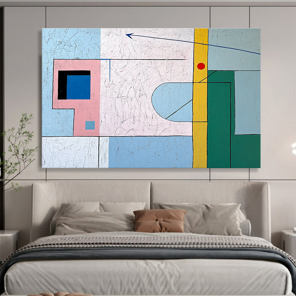 A large abstract painting featuring geometric pastel shapes, a small window, a door, and a downward arrow, evoking tranquility and creativity.SC491