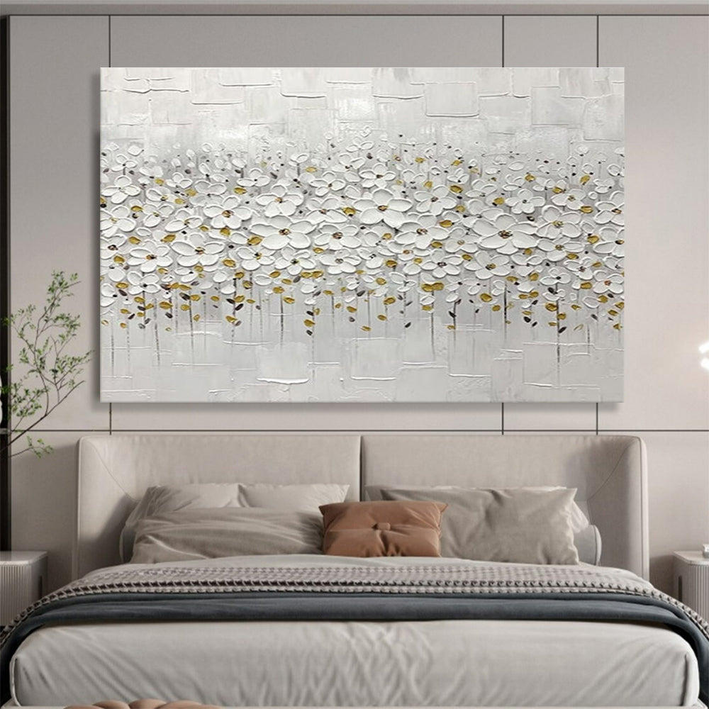 White Flower Field Abstract Painting with White, Gold, and Grey Tones THY214