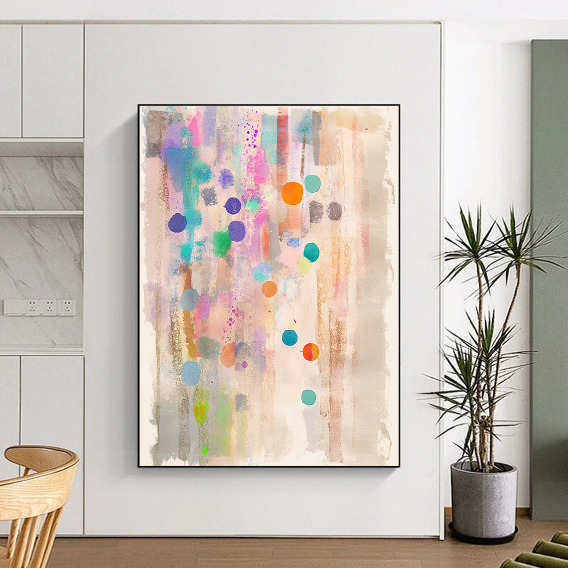 A dreamy watercolor abstract painting with pastel colors dots and stripes on light beige paper featuring a clean white border.STSC988