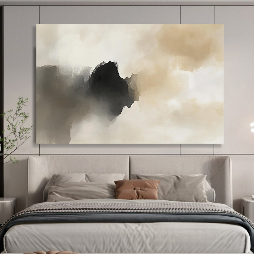 Large abstract painting featuring light gray and dark beige tones with atmospheric clouds soft edges and elegant mysterious emotions.SC222