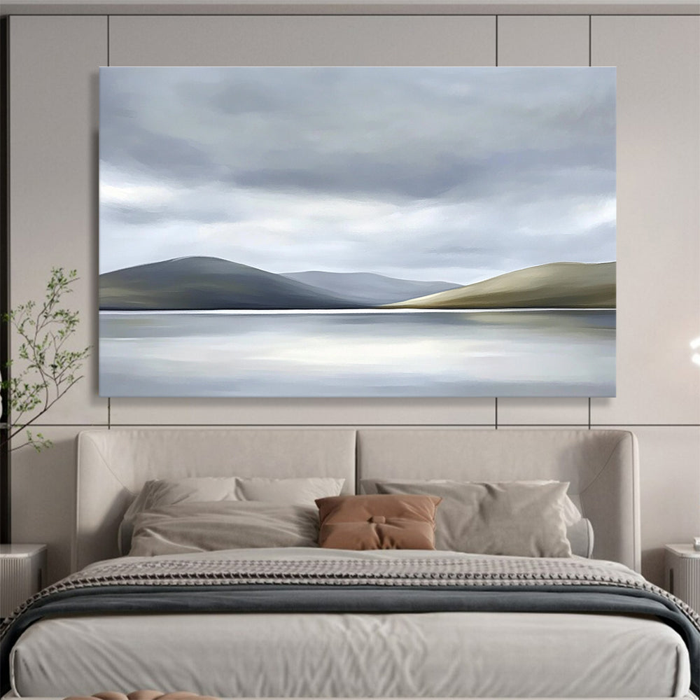 Large abstract painting of the Scottish Highlands featuring muted colors soft light grey sky white clouds and a serene lake in the foreground.SC131