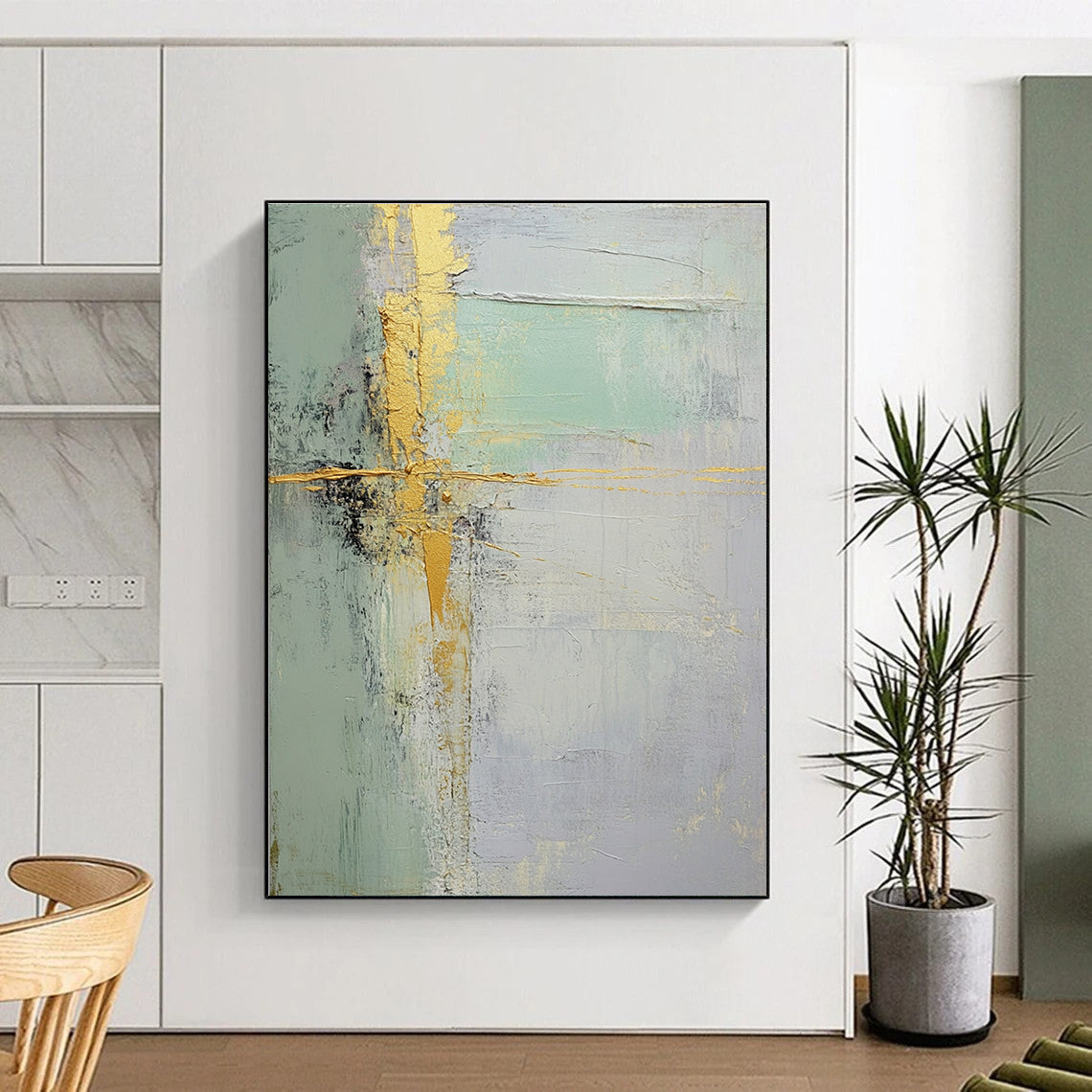 Green Gold and Gray Abstract Painting with Refined Textures GER529