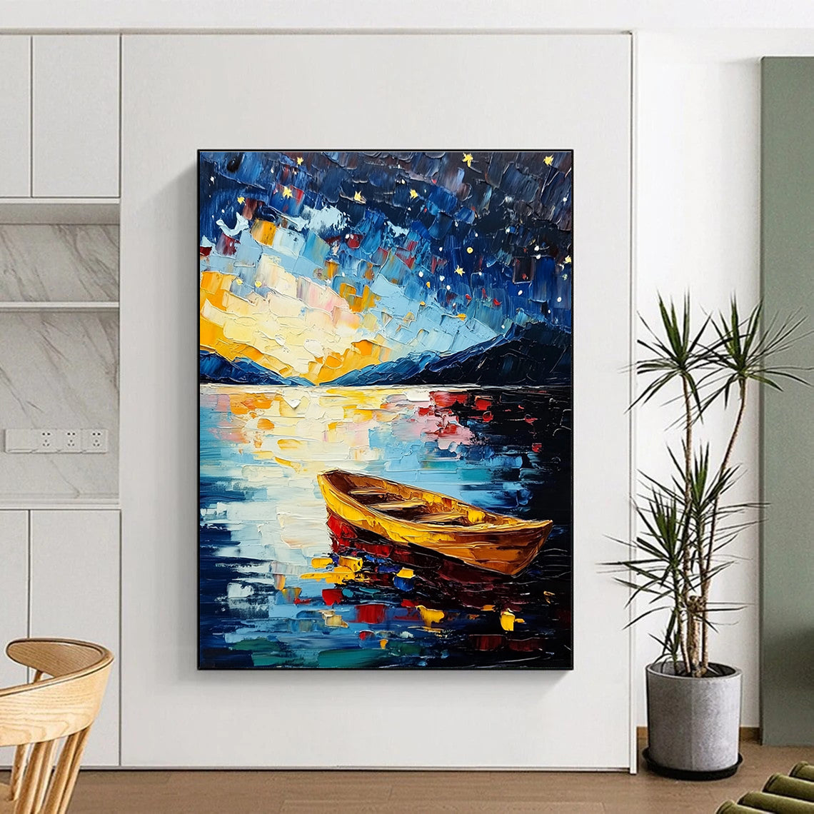 Large abstract painting of Lake Tahoe featuring a starry night sky colorful impasto brush strokes and a serene boat on the water.STSC877
