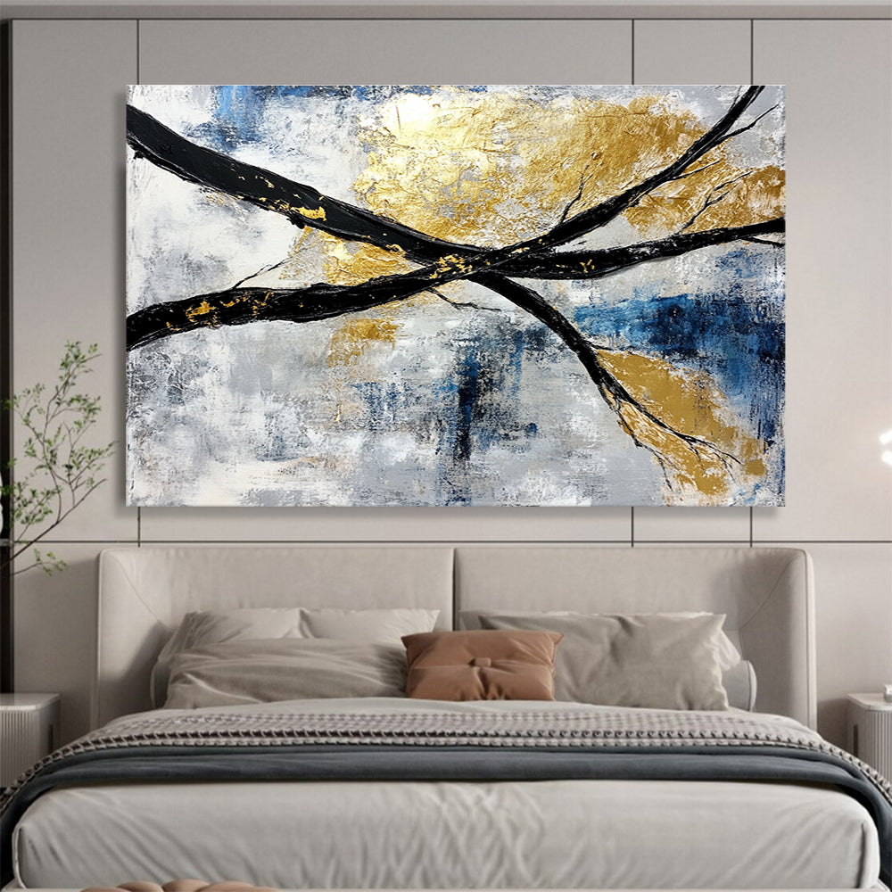 Abstract painting featuring black and white branches with gold leaf accents against a serene blue sky background.SC367