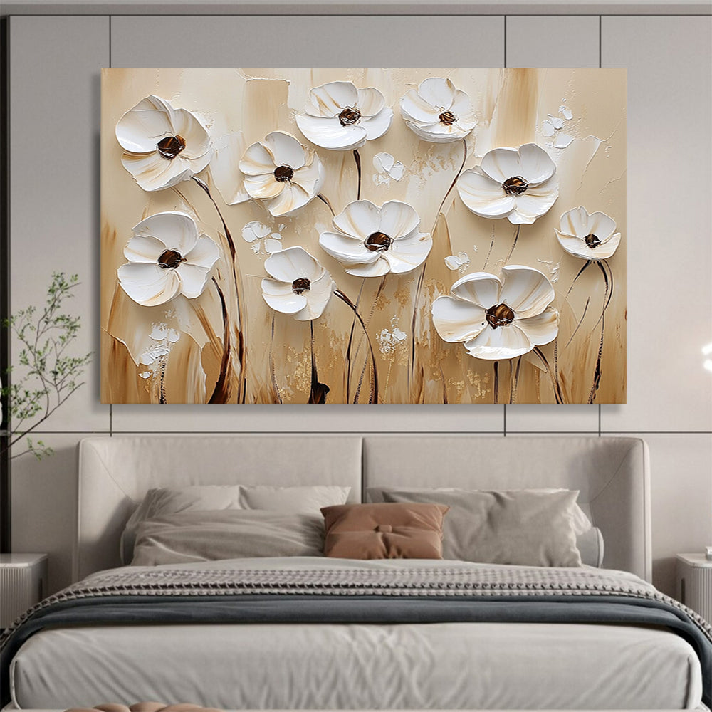 Large abstract painting featuring textured white flowers on a beige background with a white and brown color palette in oil paint.SC003