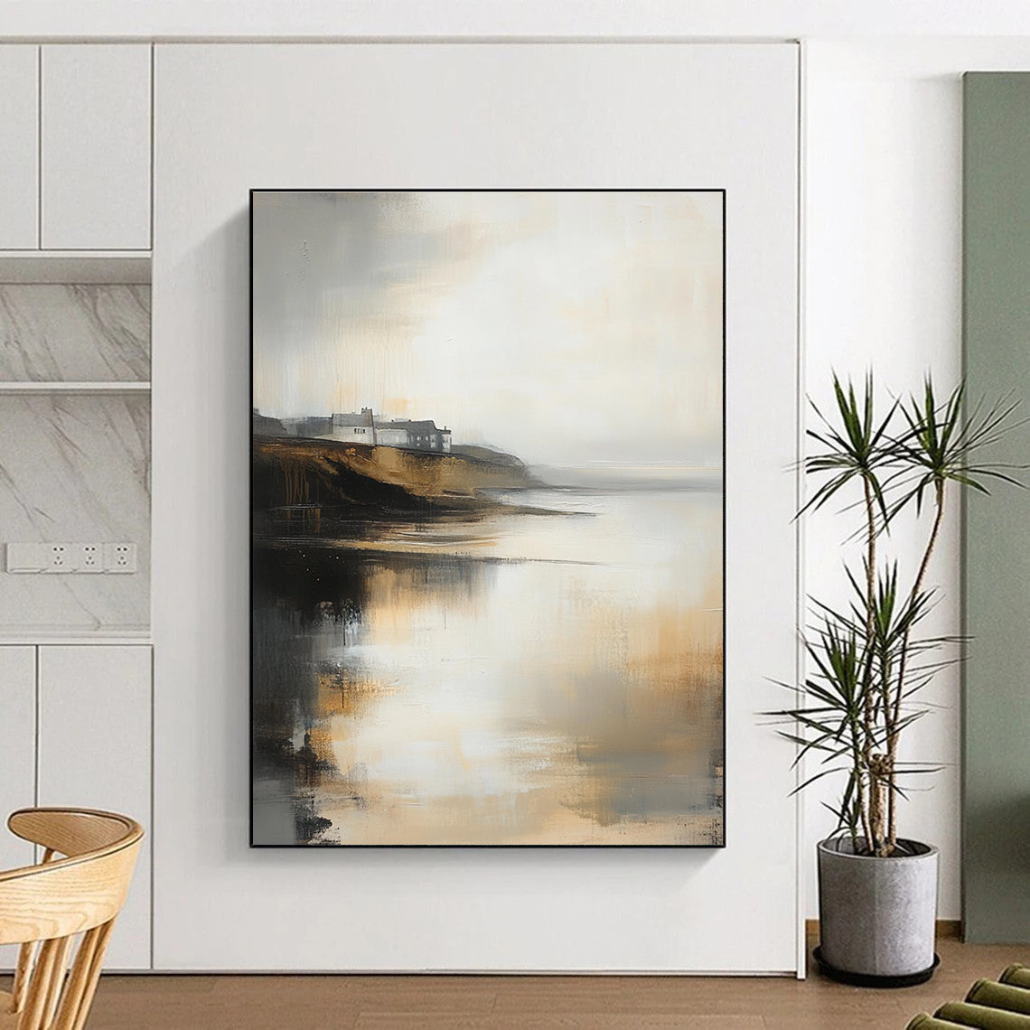 Large abstract oil painting of a misty coastal landscape in neutral tones with subtle gold highlights and low contrast colors.STSC589