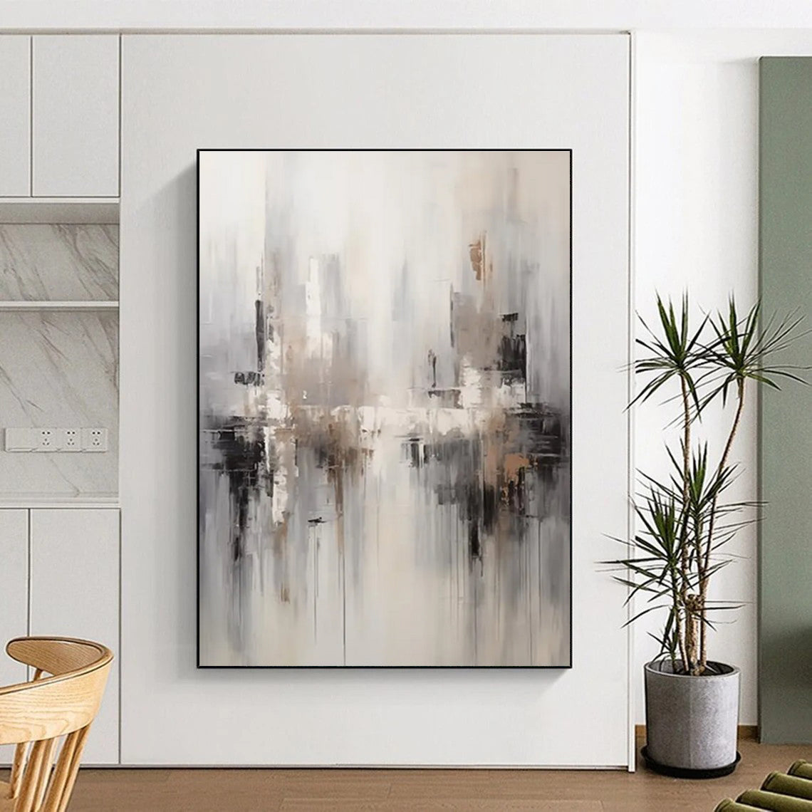 Monochromatic Cityscape Abstract Painting with Gray and Beige ADGE122