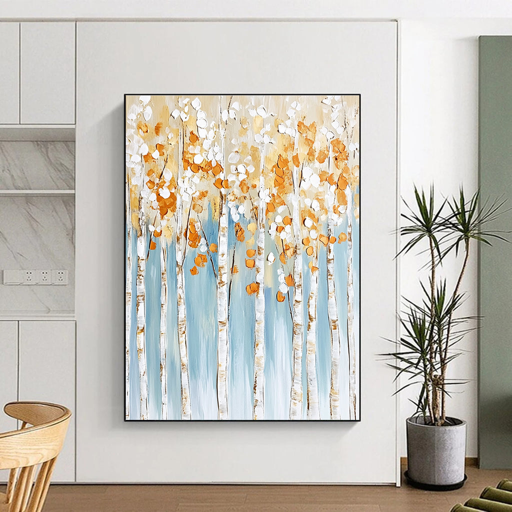 Large abstract painting featuring birch trees with white and gold leaves on a light blue background with textured brushstrokes in neutral tones.STSC302
