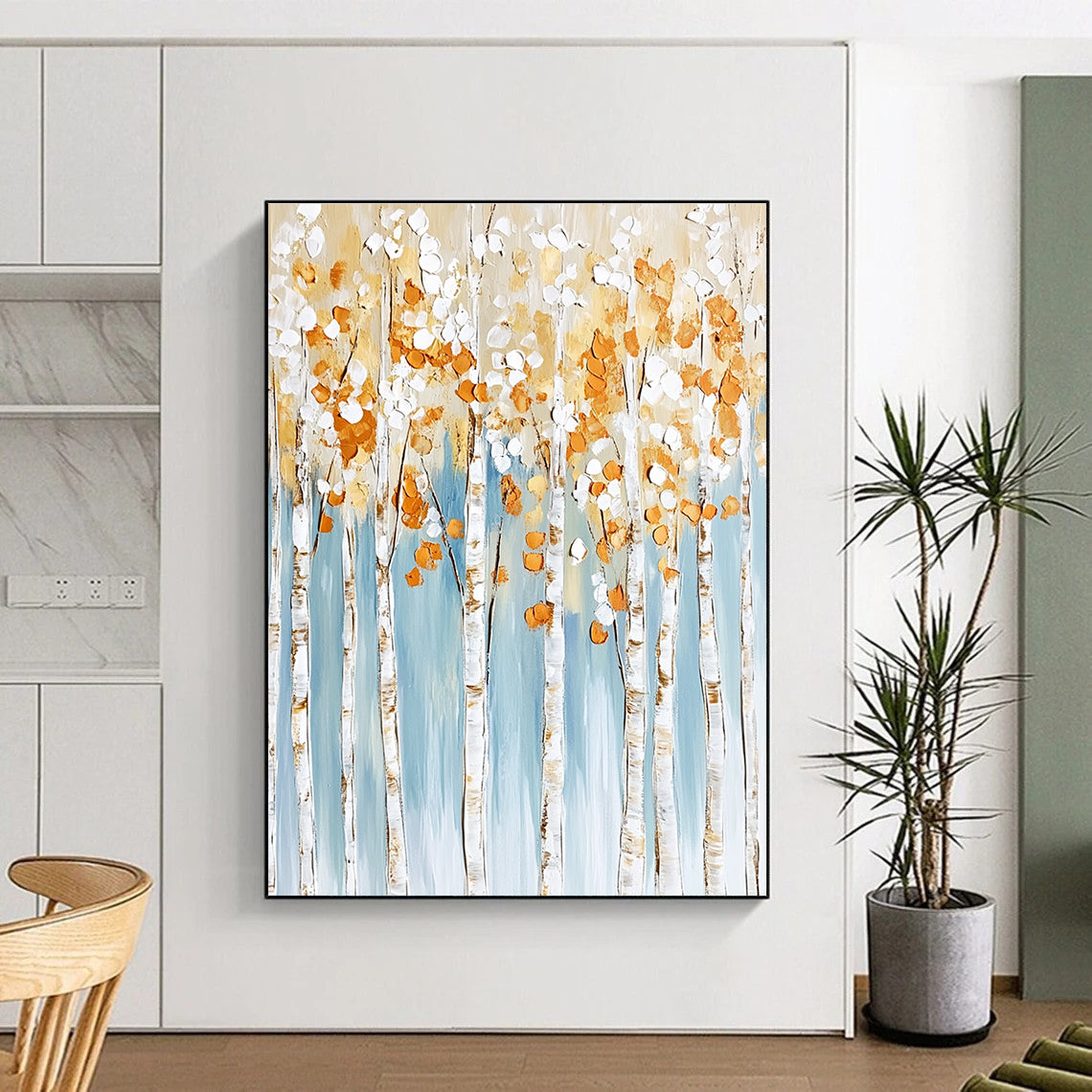 Large abstract painting featuring birch trees with white and gold leaves on a light blue background with textured brushstrokes in neutral tones.STSC302
