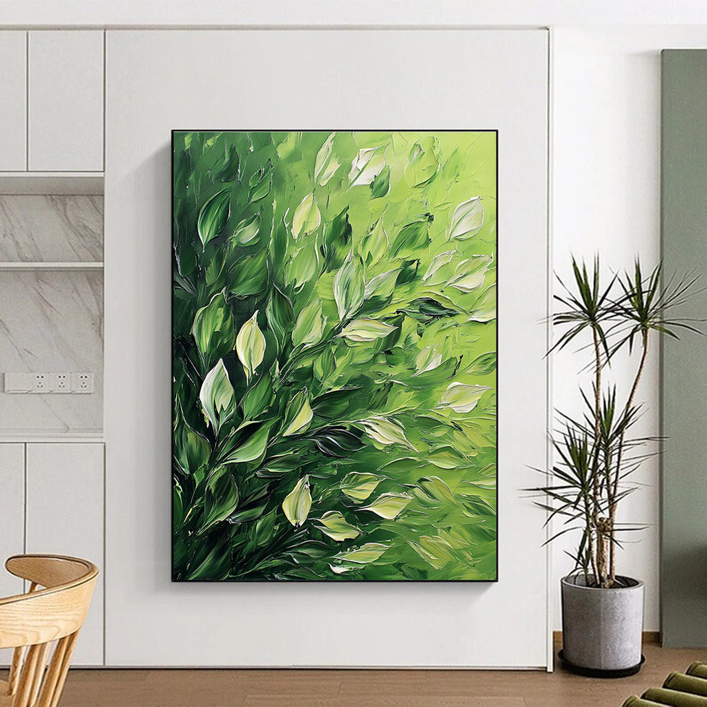 Large Abstract Painting Featuring Lush Foliage With Thick Brush Strokes Set Against A High Contrast Vibrant Green Background.STSC1310