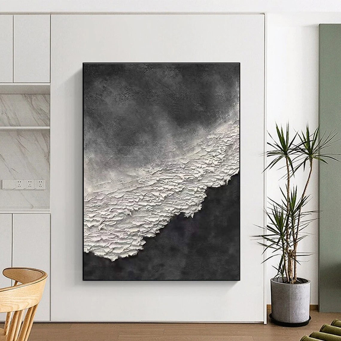Black and White Textured Abstract Painting with Layered Effects ADGE339